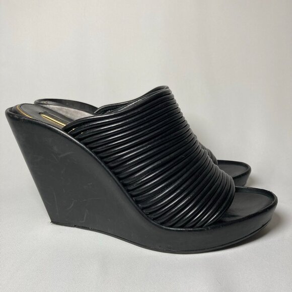 Rachel Zoe Keyla Slide Wedge Black Leather Open-Toe Sandals - Picture 2 of 7